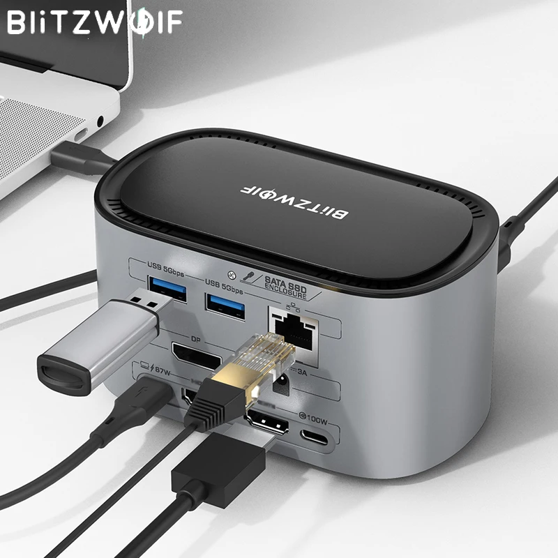Фото BlitzWolf BW-TH12 14-в-1 USB концентратор док-станции с M.2 SATA 3.0 NGFF SSD Корпус HD 4K/60H Тройной