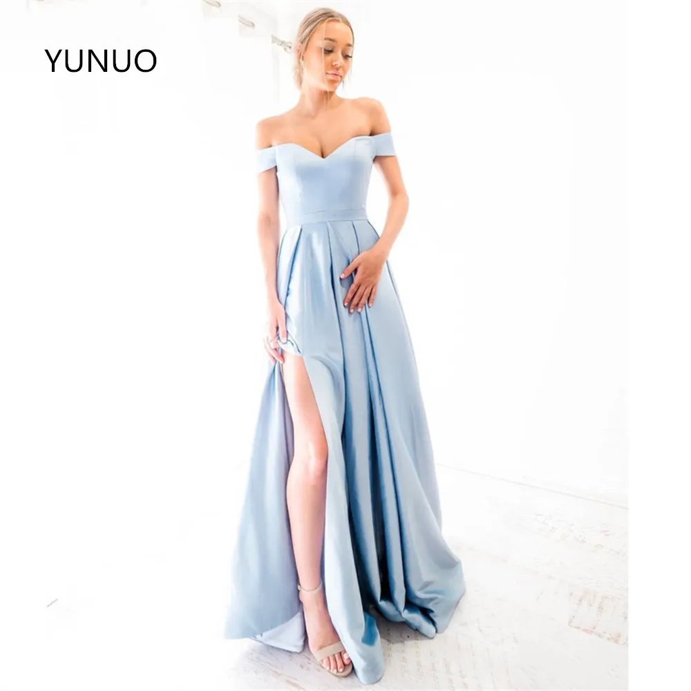 YUNUO Baby Blue Prom Dresses 2021 Off Shoulder High Slit Long Satin Evening Gown vestidos de fiesta largos elegantes de gala
YUNUO Baby Blue Prom Dresses 2021 Off Shoulder High Slit Long Satin Evening Gown vestidos de fiesta largos elegantes de gala