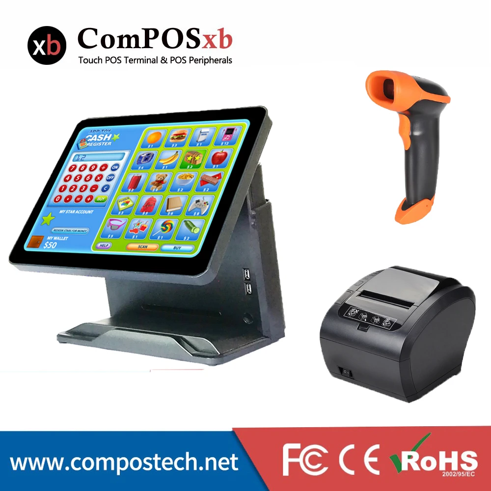 15 дюймовый сенсорный ЖК экран точка продажи POS системы с 2D сканером принтер
