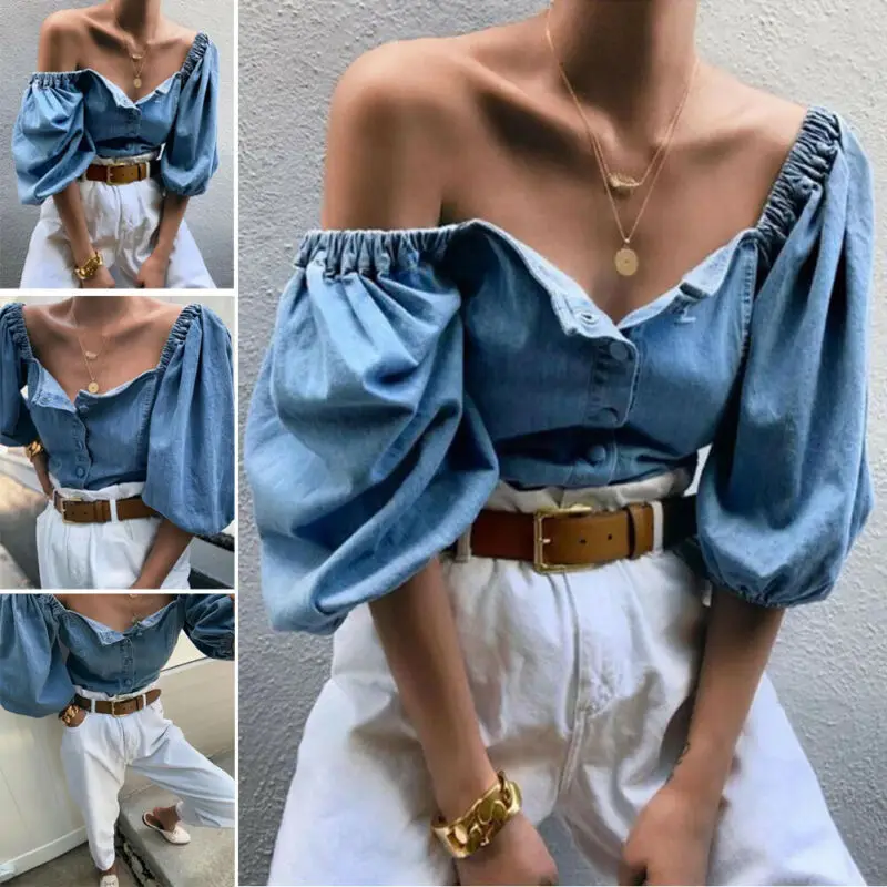 New Women Retro Off Shoulder Denim T-shirts Lantern Sleeve Solid Ladies Elastic Slash Neck Pullover All-Matching Women Tops
New Women Retro Off Shoulder Denim T-shirts Lantern Sleeve Solid Ladies Elastic Slash Neck Pullover All-Matching Women Tops