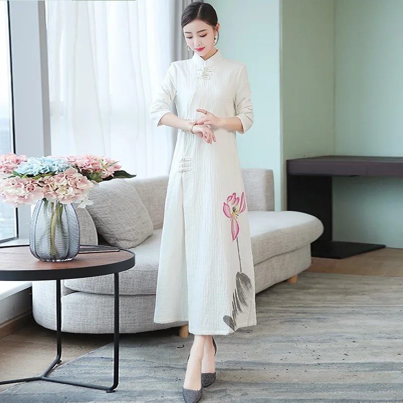 

Традиционное женское платье аозай из Вьетнама, элегантное белое льнявечерние платье Ципао с длинными рукавами в китайском стиле ретро, V1980