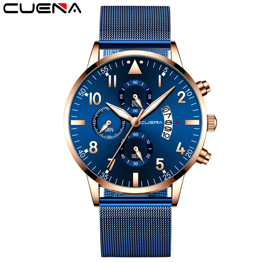 

CUENA New Fashion Men's Stainless Steel Watch Top Brand Luxury Sports Waterproof Automatic Date Quartz Watch Relogio Masculino