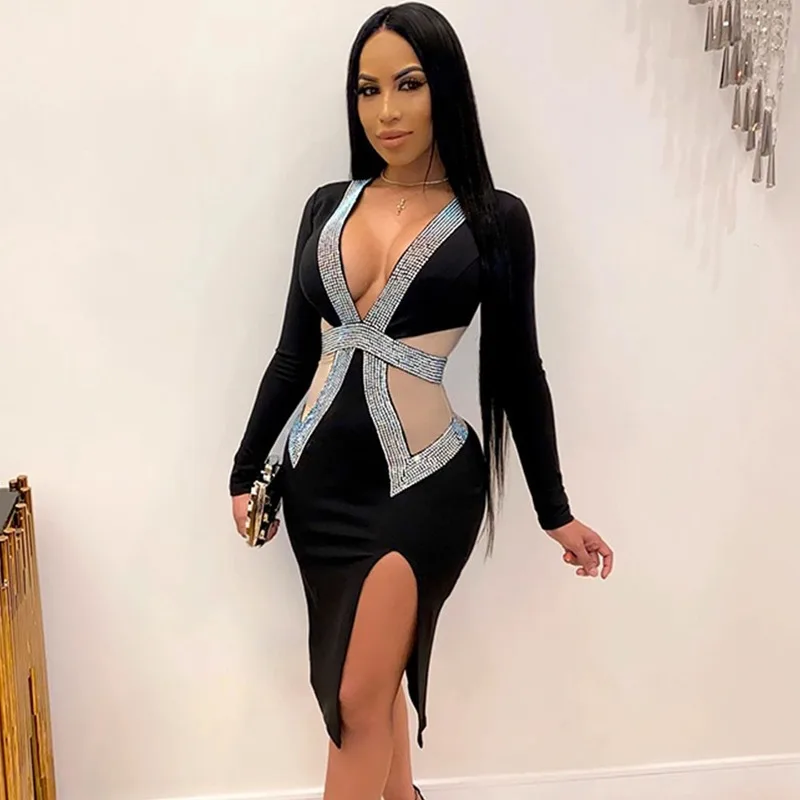 2021 Sexy Deep V-neck Mesh Rhinestones Dresses Women Long Sleeve Split Diamonds Party Dress Red Black Blue Green Plus Size S-4XL
2021 Sexy Deep V-neck Mesh Rhinestones Dresses Women Long Sleeve Split Diamonds Party Dress Red Black Blue Green Plus Size S-4XL