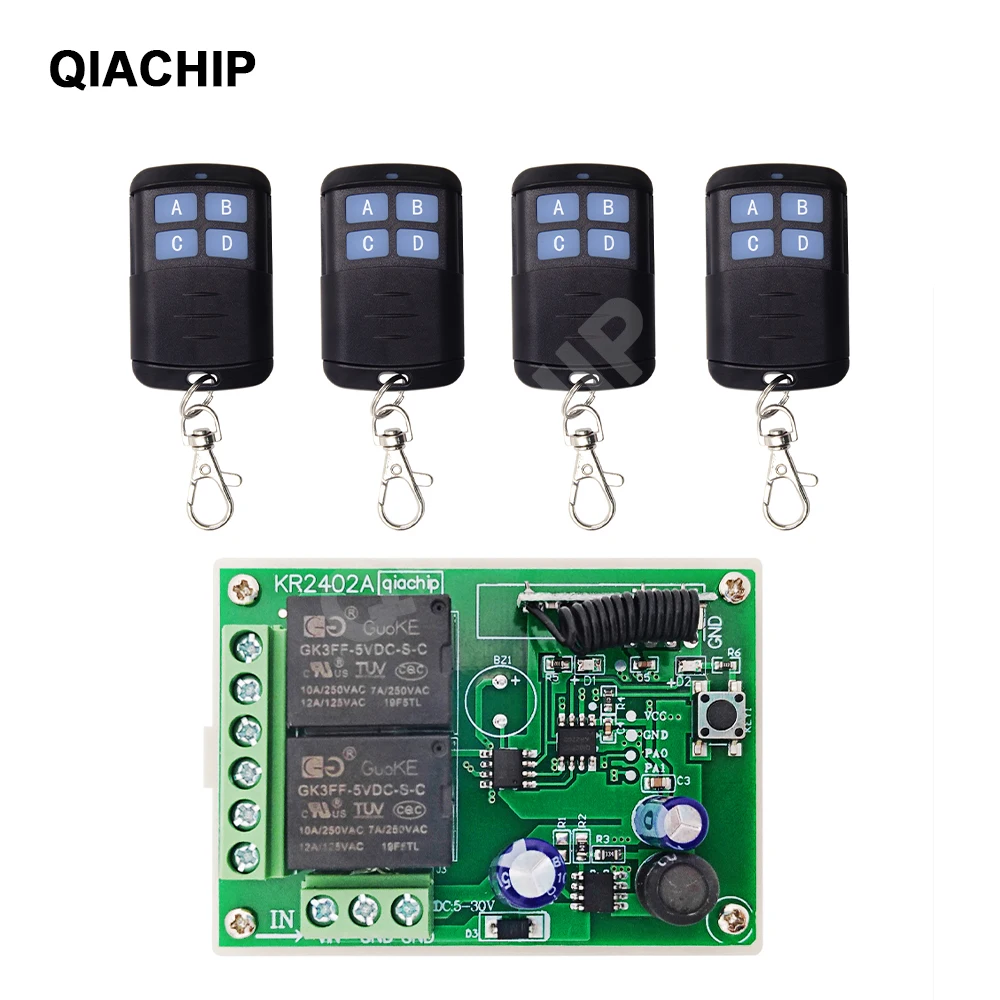 

QIACHIP 433Mhz 2Ch Receiver Module For Garage Gate Door Key Universal RF Relay Wireless Remote Control Switch DC 6V 12V 24V 30V