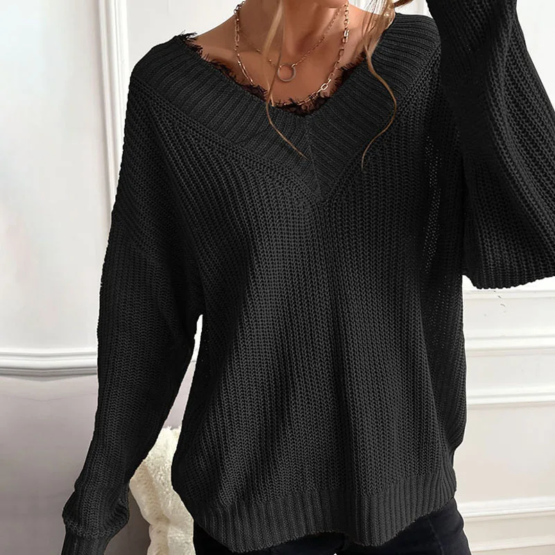 Autumn new 2021 women's clothing stitching lace pullover solid color knitted sweater women
Autumn new 2021 women's clothing stitching lace pullover solid color knitted sweater women