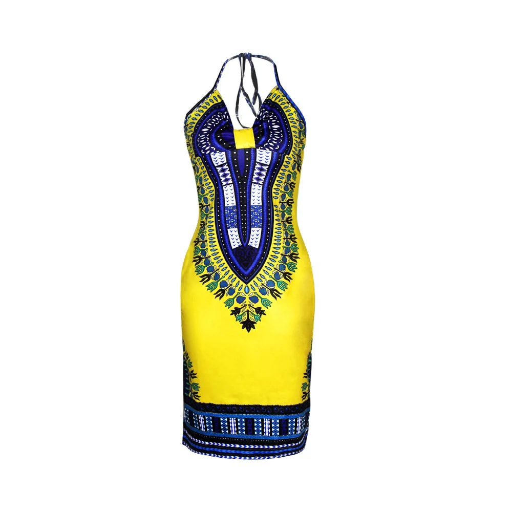 

Women African Clothing Dresses For Sexy Tight National Folk Totem High Elastic Dashiki Printed Package Hip Strap Sling Clothes