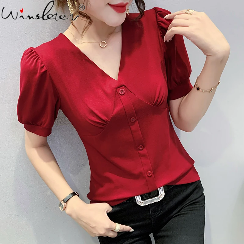 Футболка женская хлопковая с V-образным вырезом, модный однотонный топ с драпировкой на пуговицах, рубашка с коротким рукавом, T16128A, на лето
Футболка женская хлопковая с V-образным вырезом, модный однотонный топ с драпировкой на пуговицах, рубашка с коротким рукавом, T16128A, на лето