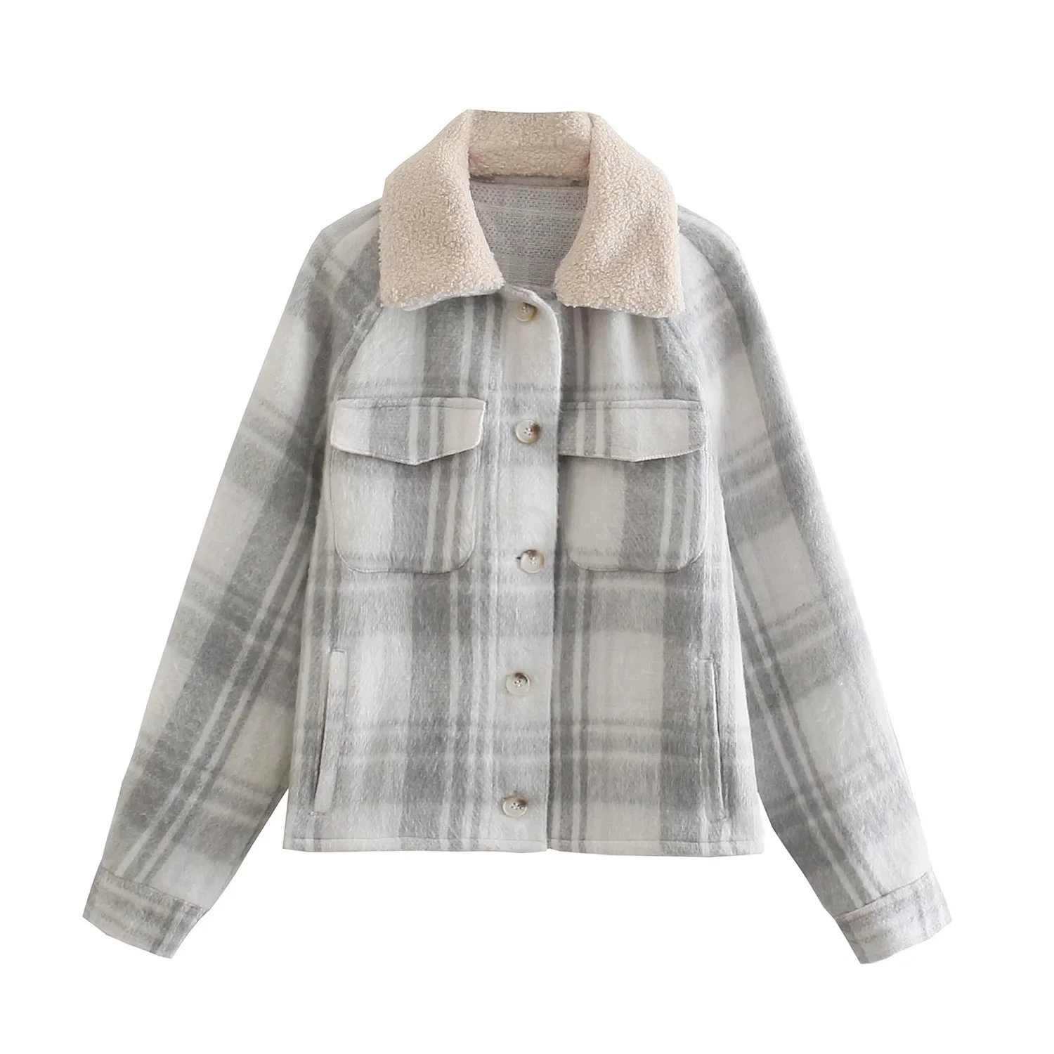 Vintage Stylish Pockets Plaid Short Jacket Coat Women Fashion Long Sleeve Faux Wool Collar Loose Oversized Shirt Chic Top 
Vintage Stylish Pockets Plaid Short Jacket Coat Women Fashion Long Sleeve Faux Wool Collar Loose Oversized Shirt Chic Top