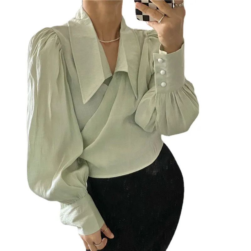Solid Color Women Crop Top Full Sleeve Blouse Lapel Pearl Button Top Office Lady 2021 Autumn Club Party Streetwear Clothing
Solid Color Women Crop Top Full Sleeve Blouse Lapel Pearl Button Top Office Lady 2021 Autumn Club Party Streetwear Clothing