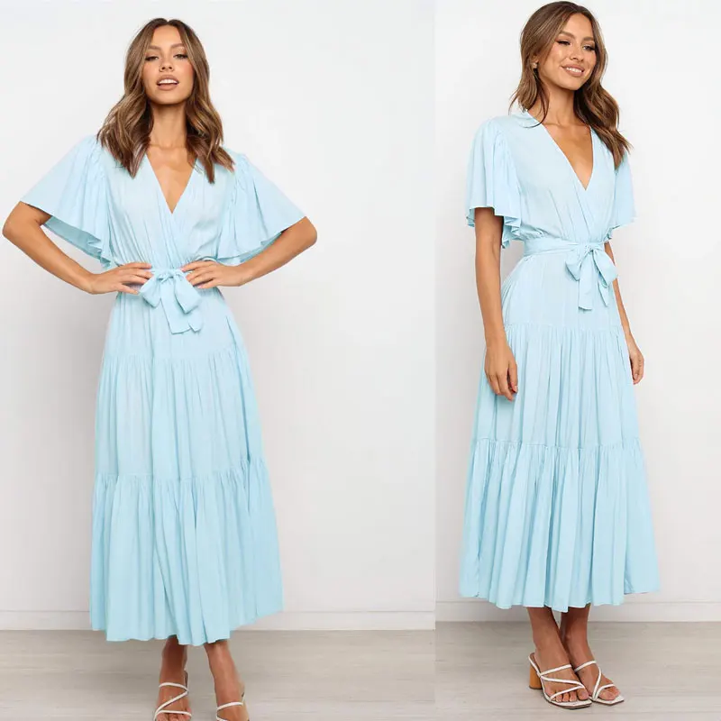 New Women Long Dress Summer 2021 Casual Fashion Sexy Deep V-Neck Short Sleeve Lacing Elastic Waist Candy Color Ruffles Dress
New Women Long Dress Summer 2021 Casual Fashion Sexy Deep V-Neck Short Sleeve Lacing Elastic Waist Candy Color Ruffles Dress