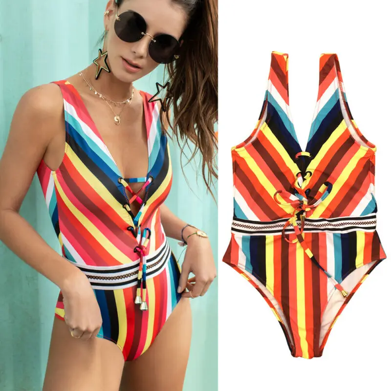 Sexy Women Swimwear Bikini Monokini Padded One Piece Backless Swimsuit Thong Rainbow Striped One Piece Swimsuit
Sexy Women Swimwear Bikini Monokini Padded One Piece Backless Swimsuit Thong Rainbow Striped One Piece Swimsuit