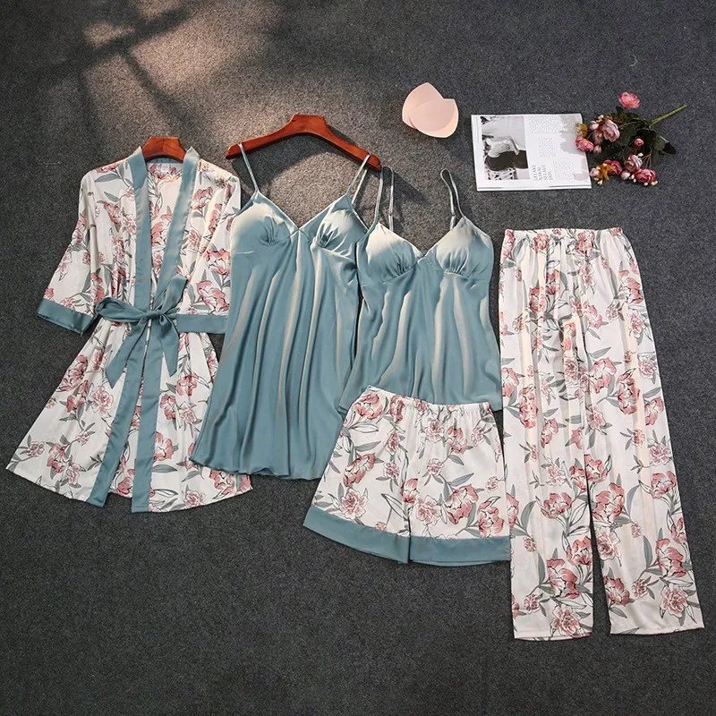 Print Pajamas Set Silky Women 5 Piece Sleepwear Satin Lace Sleep Pyjama Lounge with Belt Chest Pads Sexy Strap Home Nightwear
Print Pajamas Set Silky Women 5 Piece Sleepwear Satin Lace Sleep Pyjama Lounge with Belt Chest Pads Sexy Strap Home Nightwear
