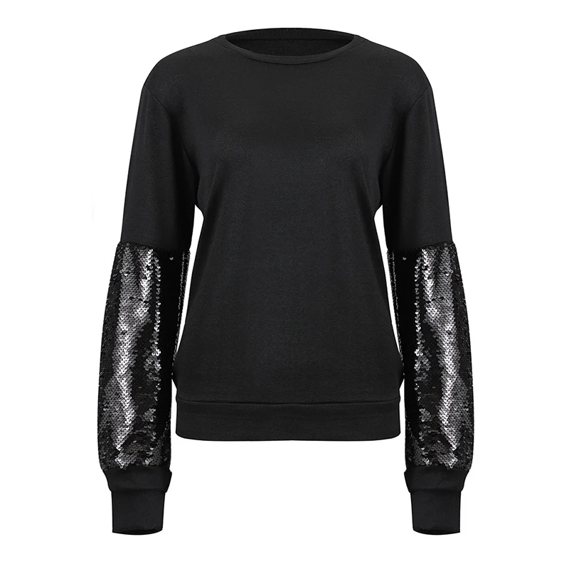 Autumn Long Sleeve Sequined T-shirt Women Black Harajuku Tee Shirt Femme Punk Clothing 2019 SJ4602V | Женская одежда