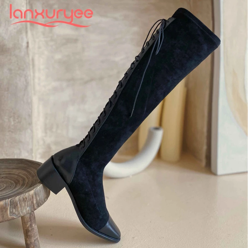 Lanxuryee stretch boots natural leather mixed cloth flock square toe thick med heel back lace up young girls knee high boots L77
Lanxuryee stretch boots natural leather mixed cloth flock square toe thick med heel back lace up young girls knee high boots L77