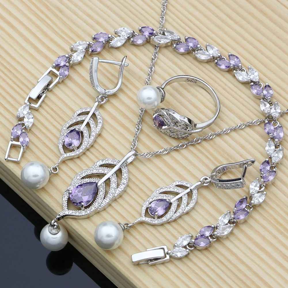 Silver Color Pearls Jewelry Sets Purple CZ For Women Wedding Earrings Adjustable Ring Holiday Gift Necklace Set
Silver Color Pearls Jewelry Sets Purple CZ For Women Wedding Earrings Adjustable Ring Holiday Gift Necklace Set