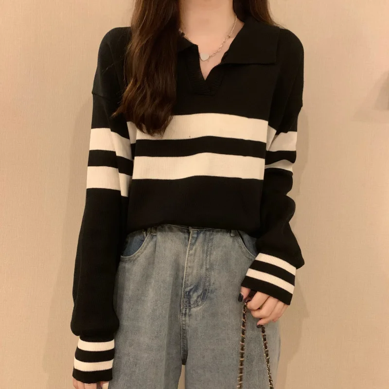 Striped Polo Neck Long Sleeve Sweater Women's Early Autumn Top Lazy 2021 New Korean Version Loose, Thin and Versatile
Striped Polo Neck Long Sleeve Sweater Women's Early Autumn Top Lazy 2021 New Korean Version Loose, Thin and Versatile