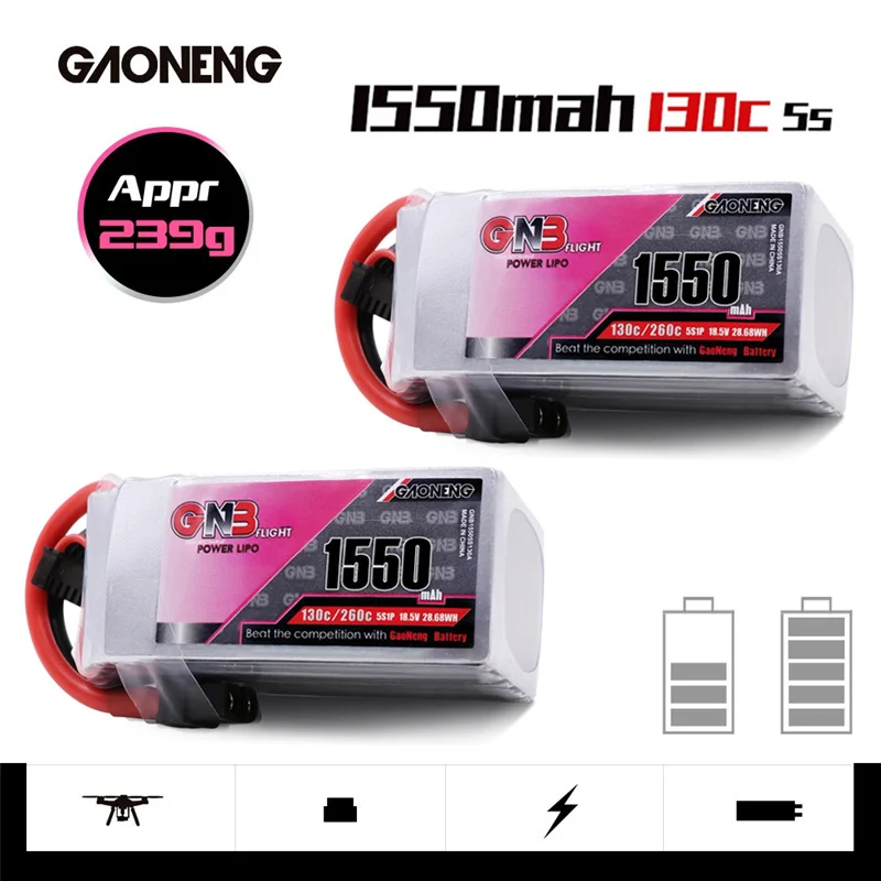 

Gaoneng GNB 1550mAh 18.5V 5S 130C/260C Lipo Battery With T/XT60/XT90 Plug For RC Helicopter Quadcopter FPV Racing Drone Parts