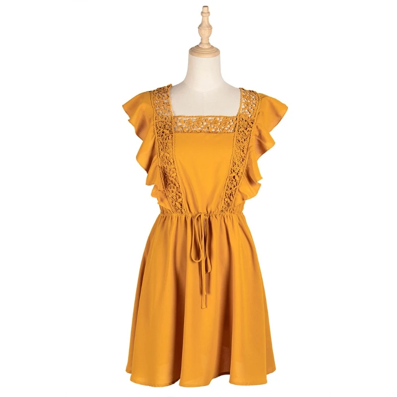 Women Backless Solid Ruffles Square Neck Stitching High Waist Short Sleeve Dress 
Women Backless Solid Ruffles Square Neck Stitching High Waist Short Sleeve Dress