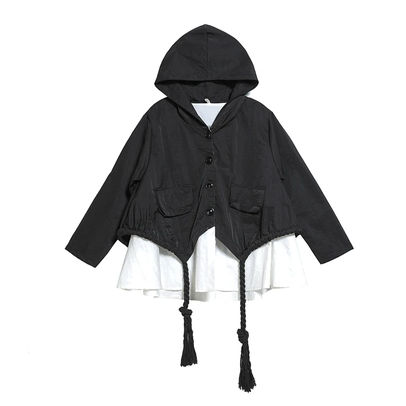 2020 Spring Autumn Hooded Jackets Women Plus Size Long Sleeve Drawstring Pocket Fashion Patchwork Fake Two Pieces Loose Coats
2020 Spring Autumn Hooded Jackets Women Plus Size Long Sleeve Drawstring Pocket Fashion Patchwork Fake Two Pieces Loose Coats