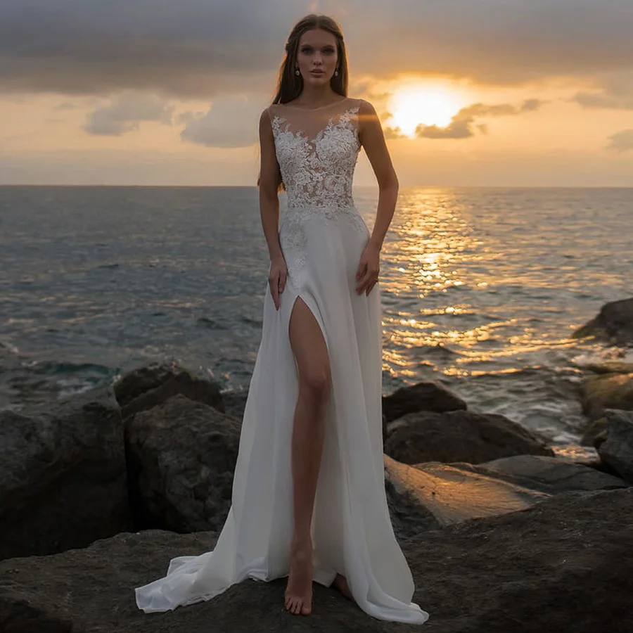 Jiayigong Beach Boho Wedding Dresses Sheer Scoop Neck Sleeveless See-through Applique Split Chiffon Bridal Gown Wedding Dress
Jiayigong Beach Boho Wedding Dresses Sheer Scoop Neck Sleeveless See-through Applique Split Chiffon Bridal Gown Wedding Dress