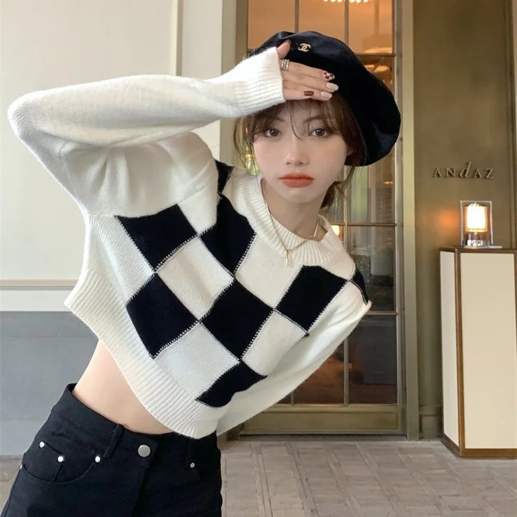 Checkerboard Sweater Women's Autumn and Winter Loose Sweater White Small Long Sleeve Short Top Fashion Z33a
Checkerboard Sweater Women's Autumn and Winter Loose Sweater White Small Long Sleeve Short Top Fashion Z33a