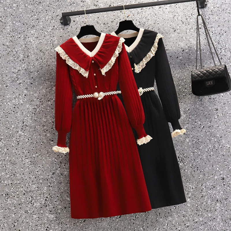 Elegant Women Lace V Collar Sweater Dress Autumn Winter Sleeve Knitting Pearl Button Mini Dress High Quality Pearl Belt
Elegant Women Lace V Collar Sweater Dress Autumn Winter Sleeve Knitting Pearl Button Mini Dress High Quality Pearl Belt