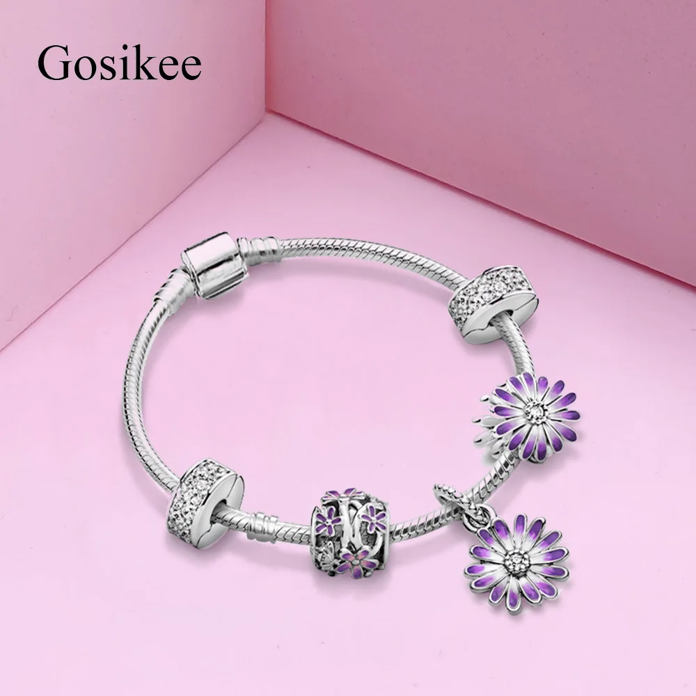 S925 Silver Color Moments purple flower Charms bracelet for women DIY Flower Beads bracelet femme Luxury Jewelry Gifts
S925 Silver Color Moments purple flower Charms bracelet for women DIY Flower Beads bracelet femme Luxury Jewelry Gifts