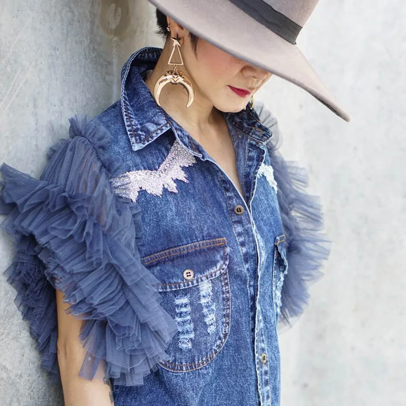 

French Style Fairy Sleeveless Denim Jacket Cowboy Ruffles Tank Gauze Spliced Coat Pleated Single-breasted Lace Crop Tops