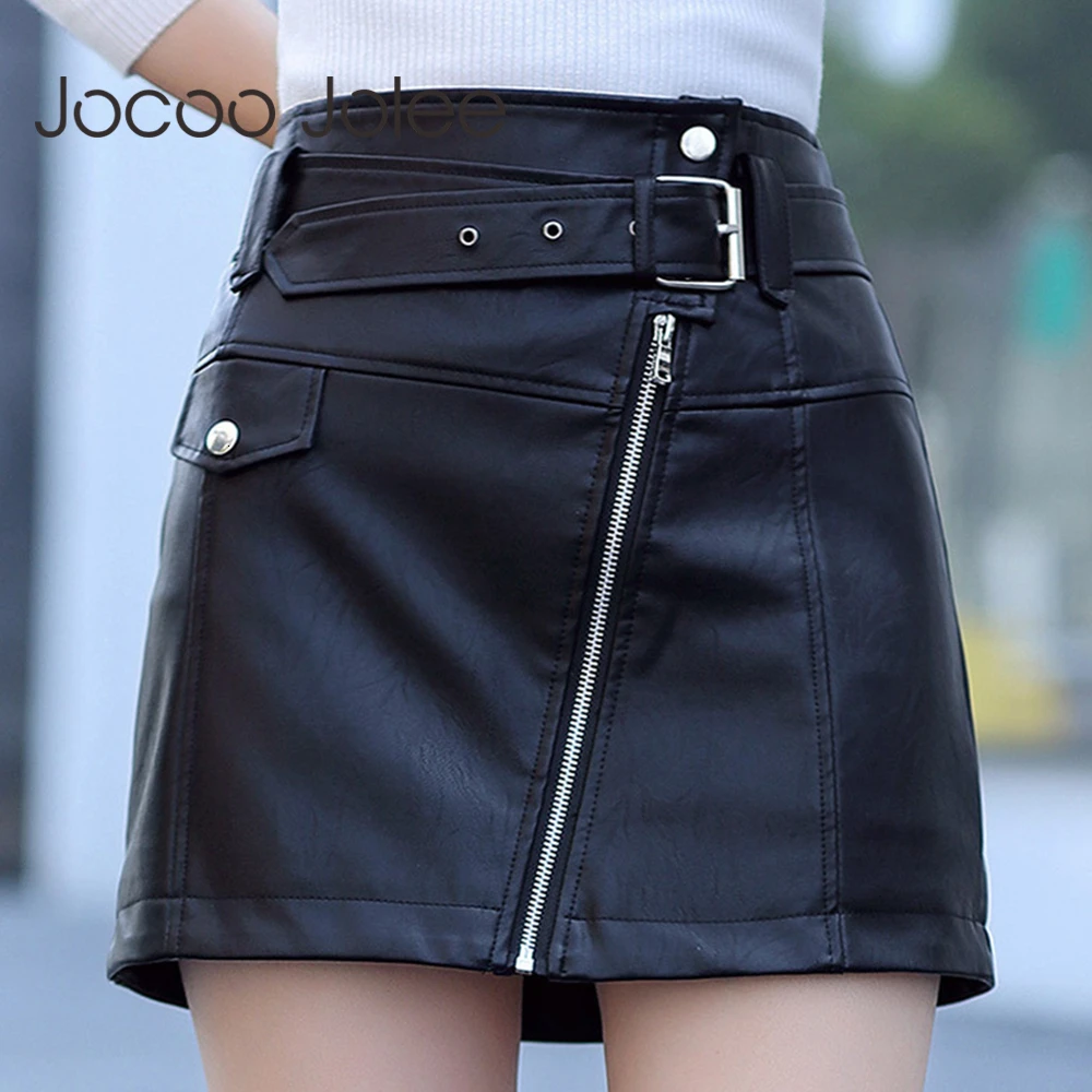 

Jocoo Jolee High Waist PU Leather Skirts Women Sash Zipper A Line Mini Skirt 2019 Autumn Streetweet Winter Black Short Shirts