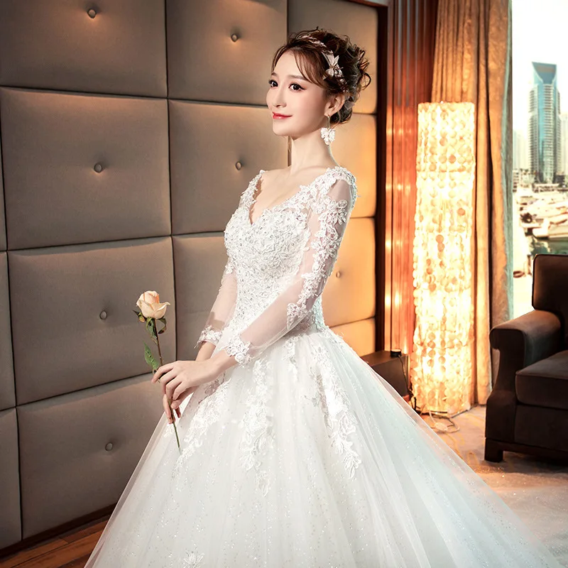 A Line Tulle Wedding Dresses 2019 V Neck Long Sleeves Lace Appliques Bridal Wedding Gown Vestido De Noiva
