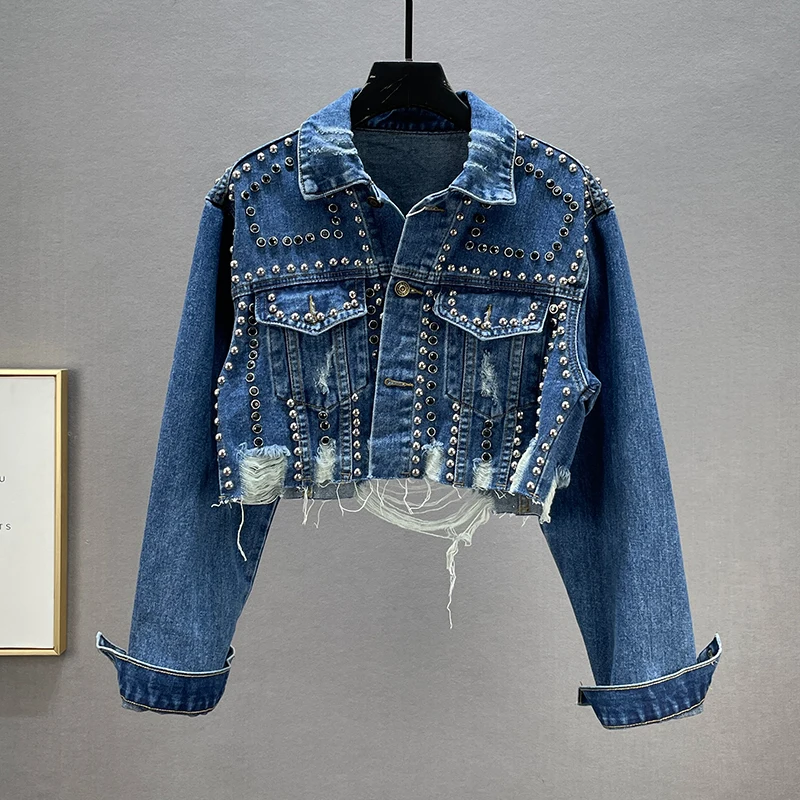 Rivet Denim Short Coat Women's 2021 Autumn New Diamond Ripped Jeans Jacket Outwear Streetwear Students Cowboy Jackets Chaqueta
Rivet Denim Short Coat Women's 2021 Autumn New Diamond Ripped Jeans Jacket Outwear Streetwear Students Cowboy Jackets Chaqueta