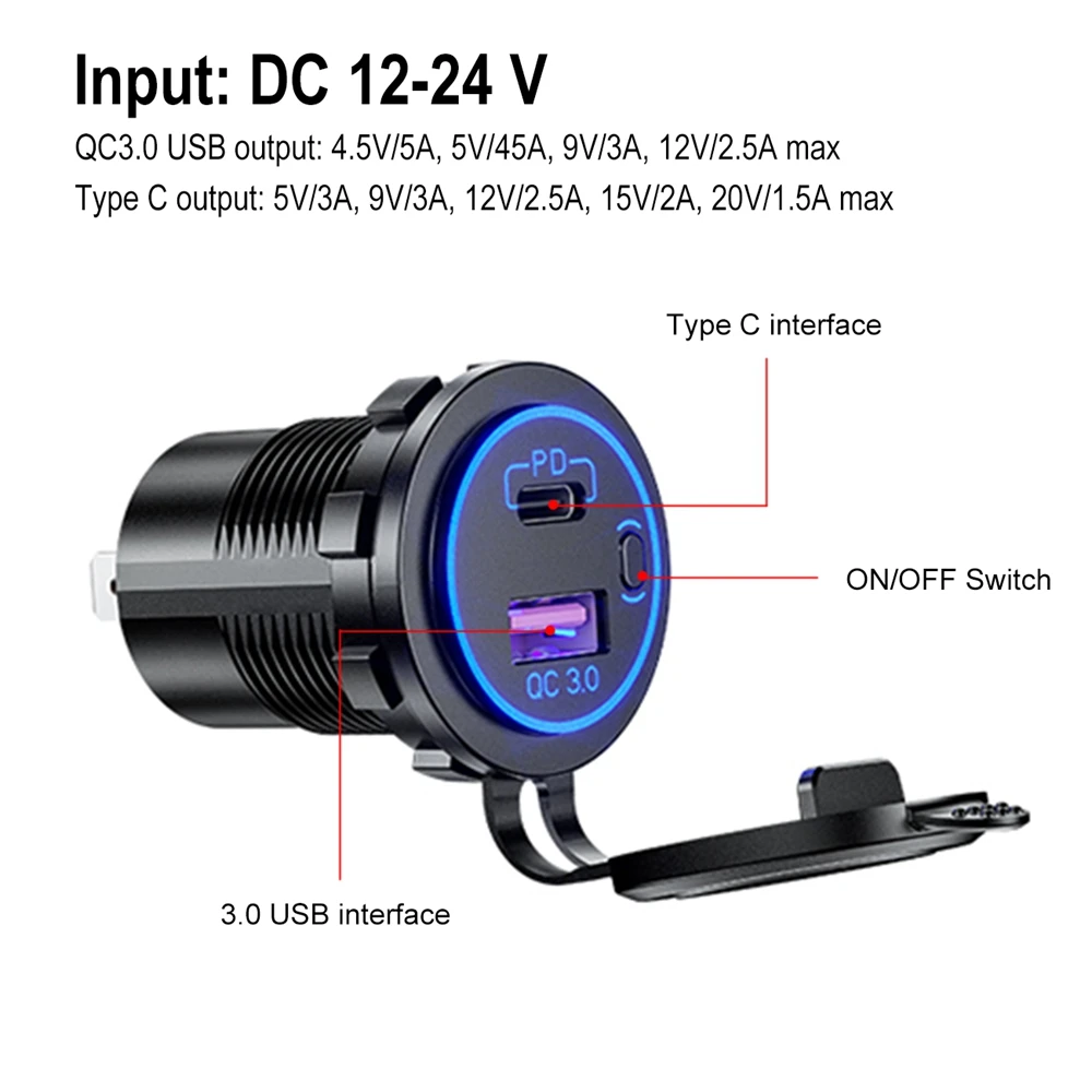 Fast Car Charger with Power Switch Waterproof 12V 24V QC3.0 Type C USB PD for Truck Motorcycle Marine Boat SUV ATV Cellphone
Fast Car Charger with Power Switch Waterproof 12V 24V QC3.0 Type C USB PD for Truck Motorcycle Marine Boat SUV ATV Cellphone