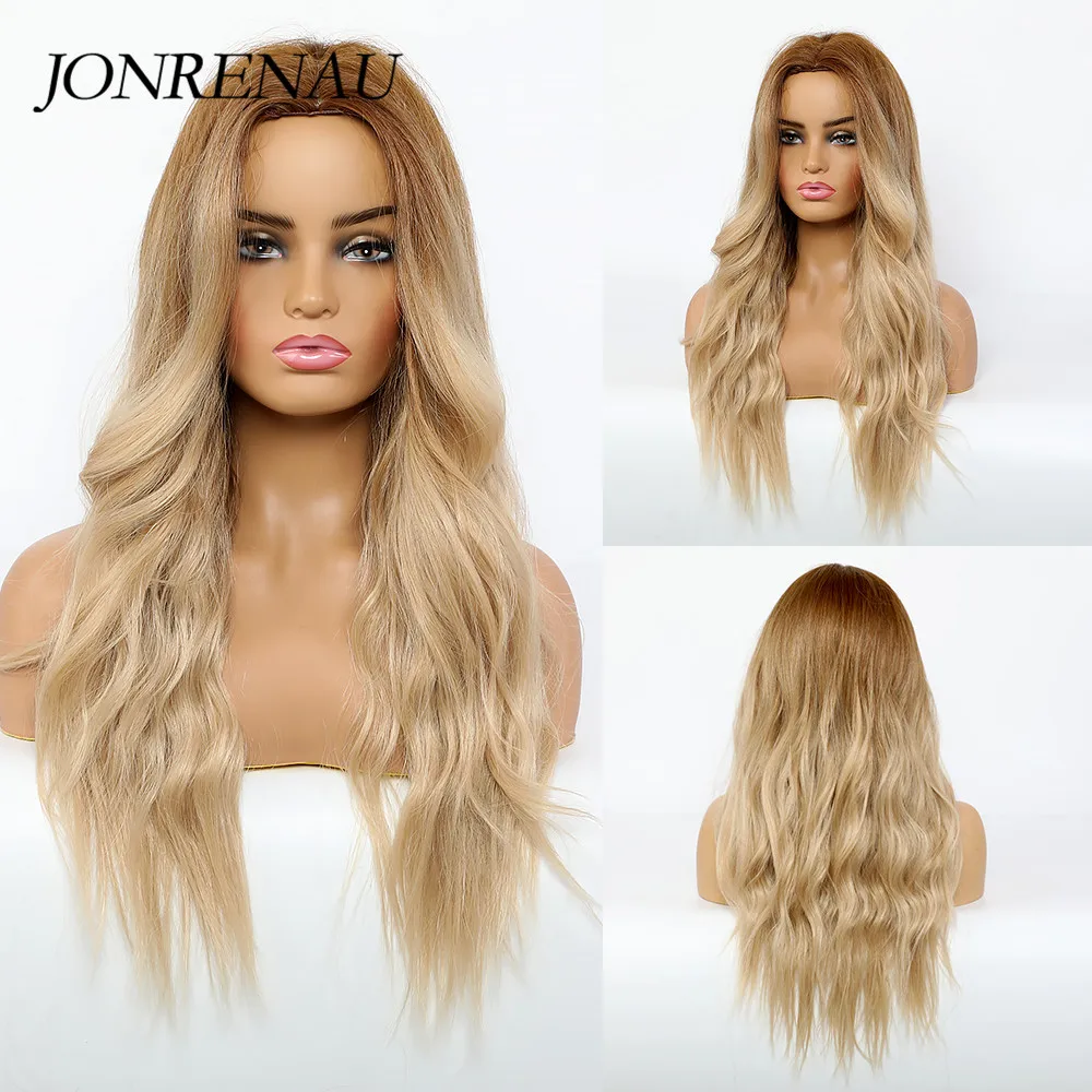 

JONRENAU Synthetic Dark Root Ombre Blonde Long Wavy Center Parting Hair Cosplay Wigs Heat Resistant Hair Wigs for Black Women