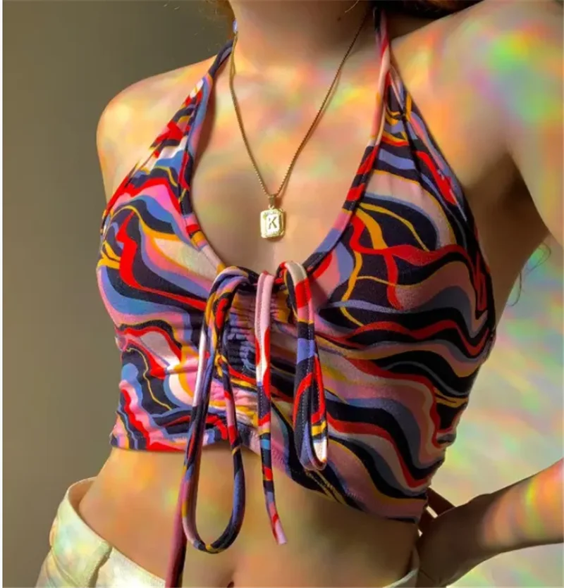Women’s Fashion Water Ripple Print Vest Sexy Drawstring Bandage Exposed Navel Halter Camisole 
Women’s Fashion Water Ripple Print Vest Sexy Drawstring Bandage Exposed Navel Halter Camisole