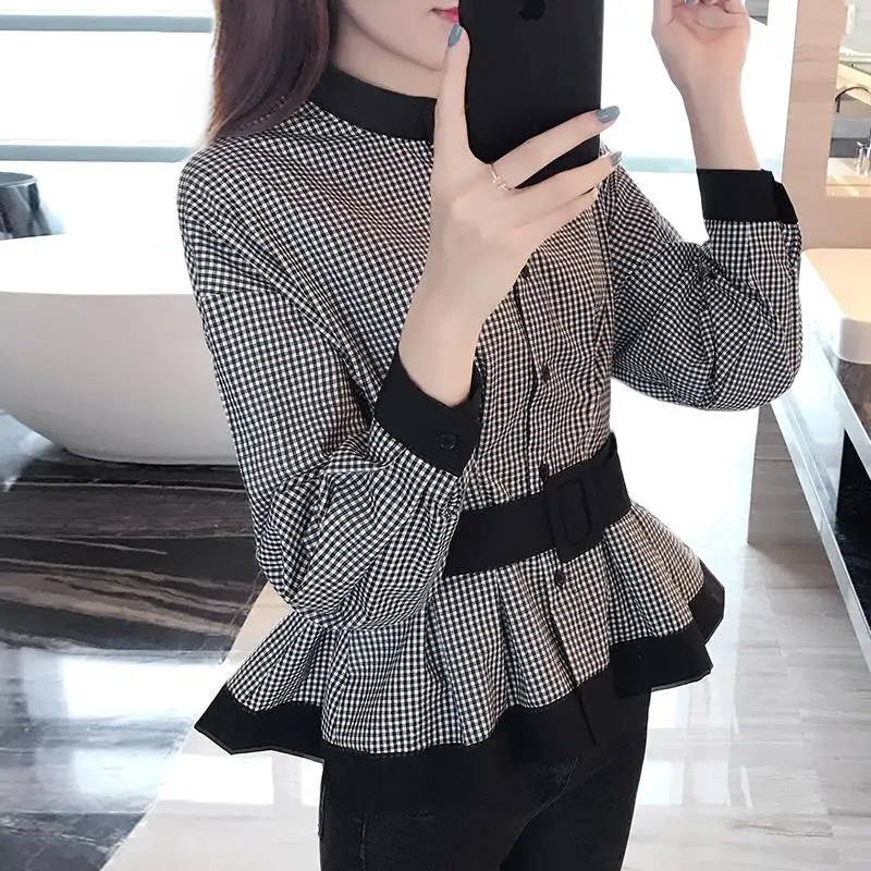 Женская тонкая рубашка в клетку, с длинными рукавами, поясом и пуговицами, однобортная блузка с воротником-стойкой в студенческом стиле на в...
Женская тонкая рубашка в клетку, с длинными рукавами, поясом и пуговицами, однобортная блузка с воротником-стойкой в студенческом стиле на в...