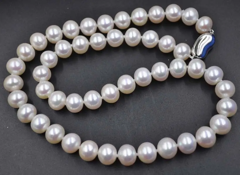 GORGEOUS very luster 9-10mm white real pearl necklace 925 clasp