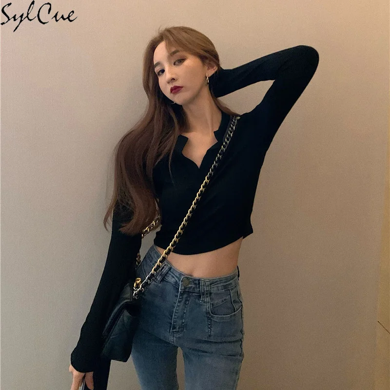 Sylcue V-Neck Black T-Shirt Women's Long-Sleeved High-Waist Chic Sweet Spicy Ins Short Top Design Sense Bottoming Shirt
Sylcue V-Neck Black T-Shirt Women's Long-Sleeved High-Waist Chic Sweet Spicy Ins Short Top Design Sense Bottoming Shirt