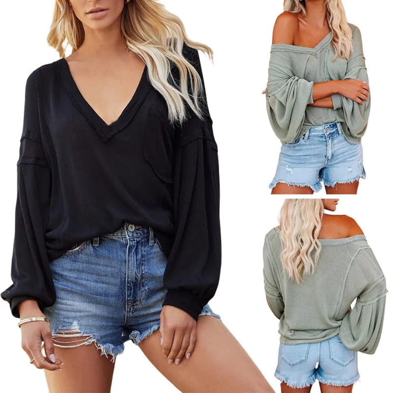 Женская трикотажная блузка с V-образным вырезом и карманами, однотонный топ оверсайз с рукавами-фонариками, Модные свободные повседневные р...
Женская трикотажная блузка с V-образным вырезом и карманами, однотонный топ оверсайз с рукавами-фонариками, Модные свободные повседневные р...