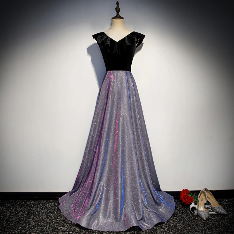 Evening Dresses Black Velour Stitching Bling Ruffles V-neck Lace up A-line Floor-length Plus size Customized Formal Dress R1318
Evening Dresses Black Velour Stitching Bling Ruffles V-neck Lace up A-line Floor-length Plus size Customized Formal Dress R1318