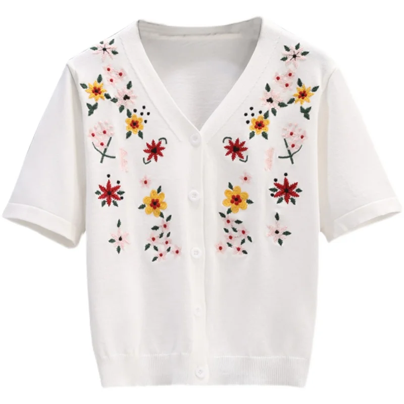 Tops Elegant Chic Womens 2021 Summer Vintage V-neck Single Breasted Cardigan Unique Embroidery Short Sleeved Shirt Women Top
Tops Elegant Chic Womens 2021 Summer Vintage V-neck Single Breasted Cardigan Unique Embroidery Short Sleeved Shirt Women Top