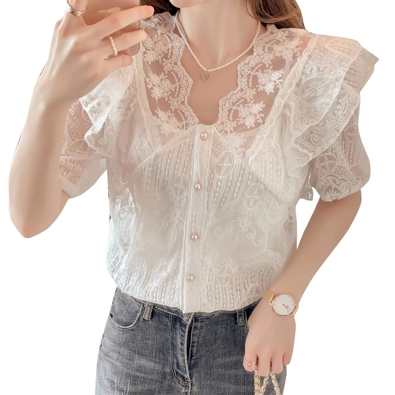 Blusas Lace Solid 2021 Summer Fashion Ruffle V collar Lace Shirt Short-sleeved Ladies top Button Harajuku Shirts 360B
Blusas Lace Solid 2021 Summer Fashion Ruffle V collar Lace Shirt Short-sleeved Ladies top Button Harajuku Shirts 360B