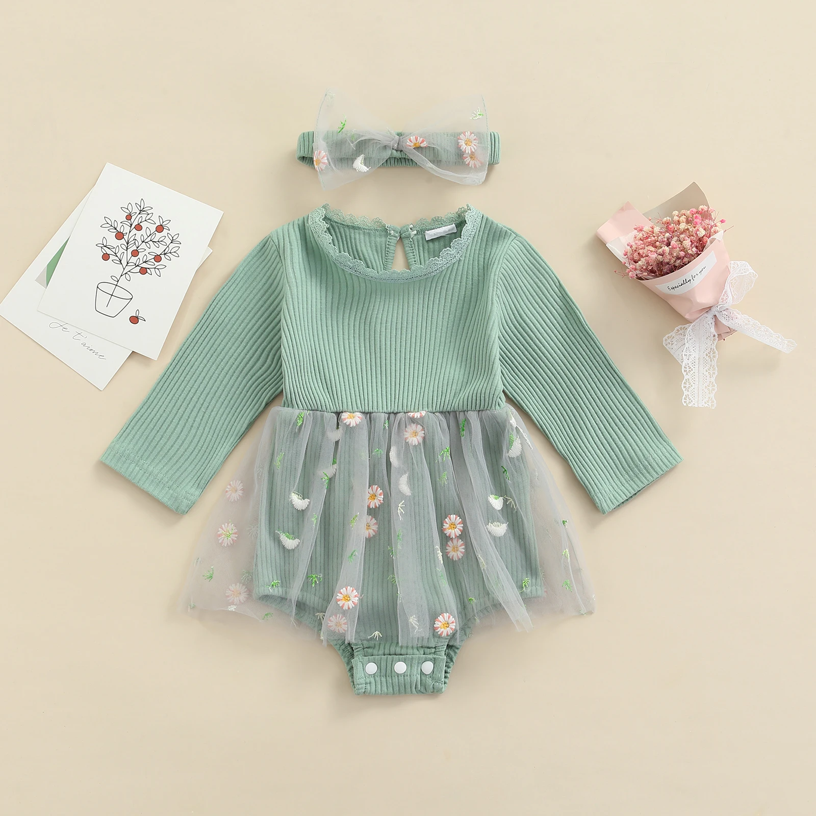 

Baby Girls 2Pcs Fall Outfits Long Sleeve Rib Knit Romper Floral Tutu Dress + Headband Clothes Set