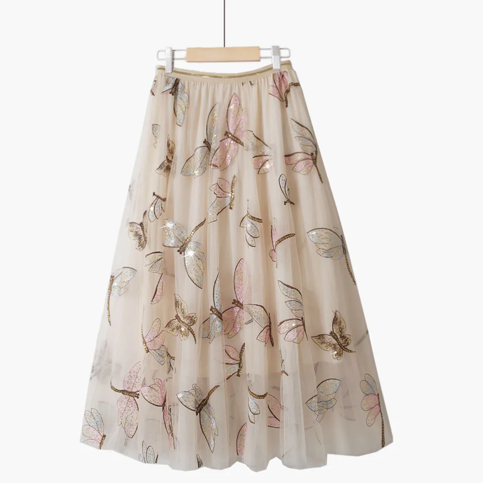 2022 Spring Summer Embroidery Dragonfly Mesh Midi Skirt High Waist A-line Retro Lace Lady Jupe Sweet Golden Sequined Women Saias
2022 Spring Summer Embroidery Dragonfly Mesh Midi Skirt High Waist A-line Retro Lace Lady Jupe Sweet Golden Sequined Women Saias