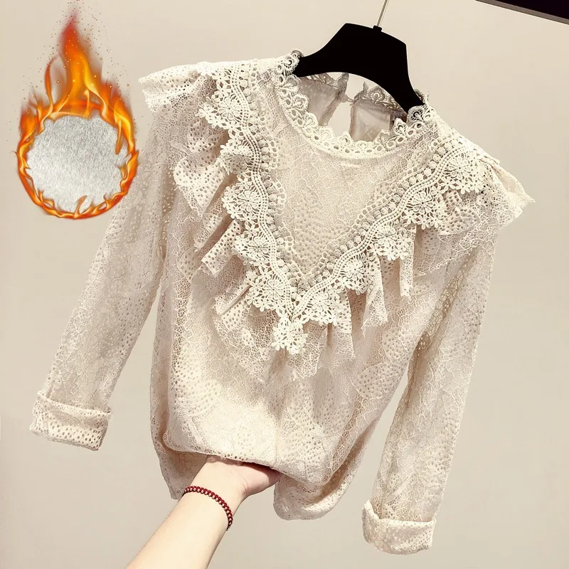 2020 New Autumn winter basic lace blouse Women Long Sleeve ruffles Tops white and apricot hollow out shirts female crochet shirt
2020 New Autumn winter basic lace blouse Women Long Sleeve ruffles Tops white and apricot hollow out shirts female crochet shirt