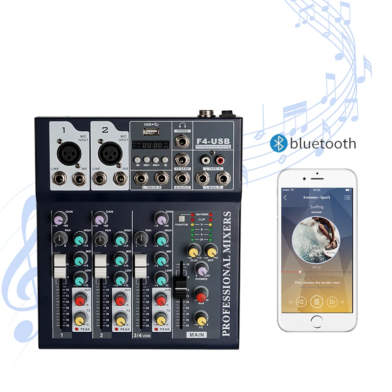 Портативный Аудио миксер Bluetooth USB DJ звуковая микшерная консоль 4 канальный