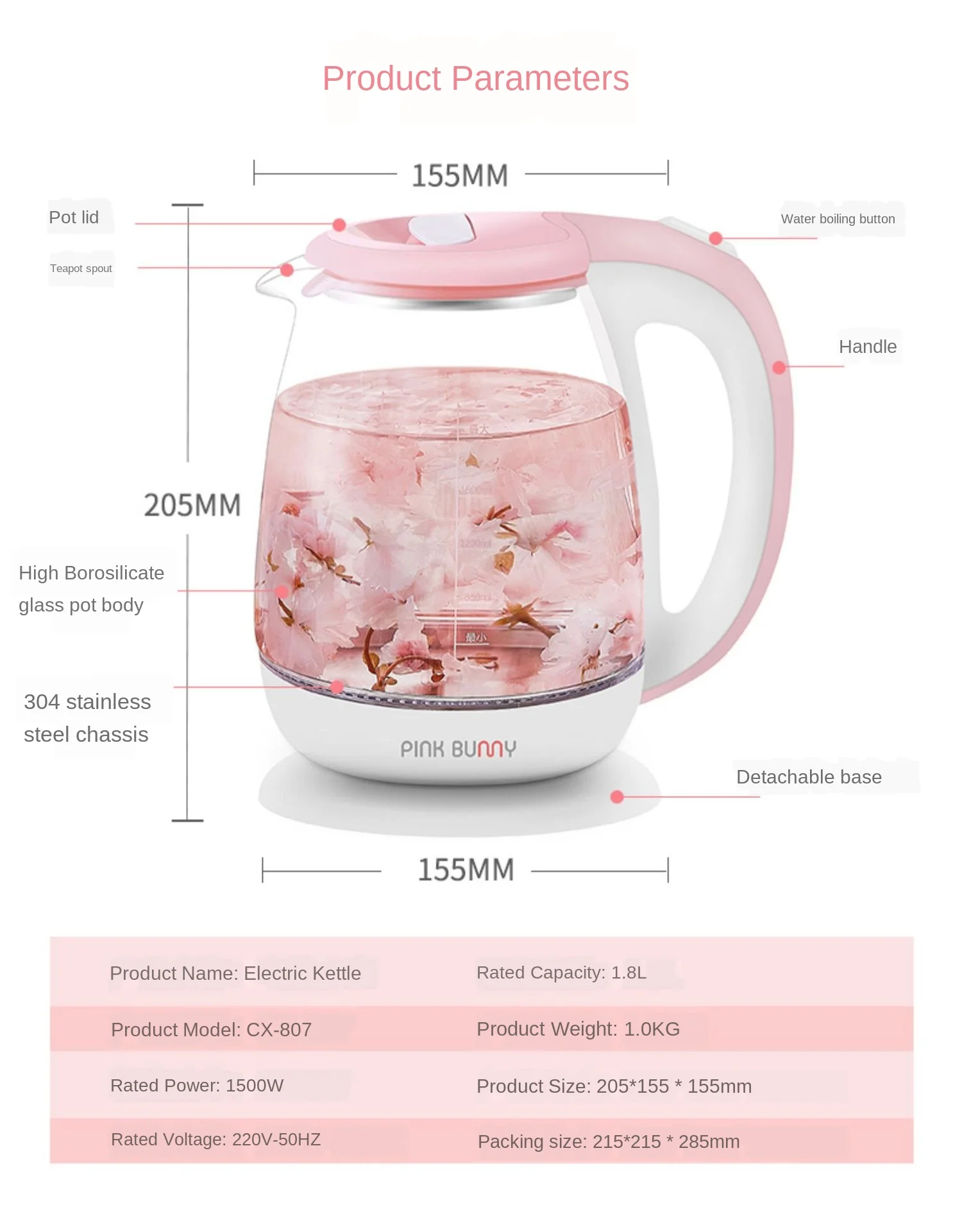 Pink 1.8L Glass Automatic Electric Water Kettle 1500W Water Heater Hot Boiling Tea Pot Kitchen Appliance Temperature220V
Pink 1.8L Glass Automatic Electric Water Kettle 1500W Water Heater Hot Boiling Tea Pot Kitchen Appliance Temperature220V
