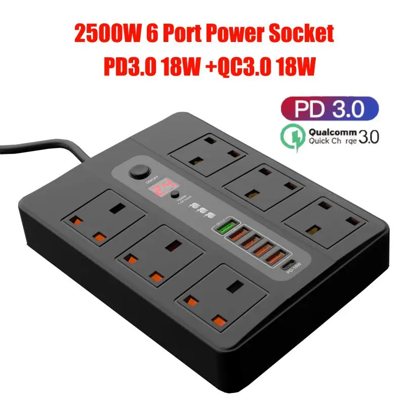UK 2500W Power Strip 6 AC Outlet with QC3.0 PD USB Fast Charging Adapter, Electrical Timer Surge Protector Extension Cord Socket
UK 2500W Power Strip 6 AC Outlet with QC3.0 PD USB Fast Charging Adapter, Electrical Timer Surge Protector Extension Cord Socket