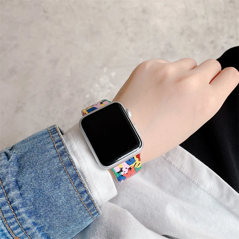 Силиконовый ремешок с принтом для Apple watch band 44 мм 45 42 браслет iWatch 40 38 41 correa apple series 6 5