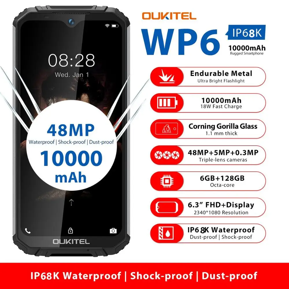 OUKITEL WP6 6 ГБ 128 10000mAh смартфон 3 ''fhd Водонепроницаемый мобильный телефон Octa Core 48MP