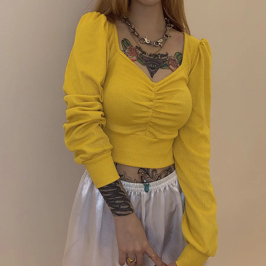 Cheap and Chic Street Trendy Square Collar Sexy Short Sweatshirt Knitted Cotton Long Sleeve Autumn Women Top 
Cheap and Chic Street Trendy Square Collar Sexy Short Sweatshirt Knitted Cotton Long Sleeve Autumn Women Top